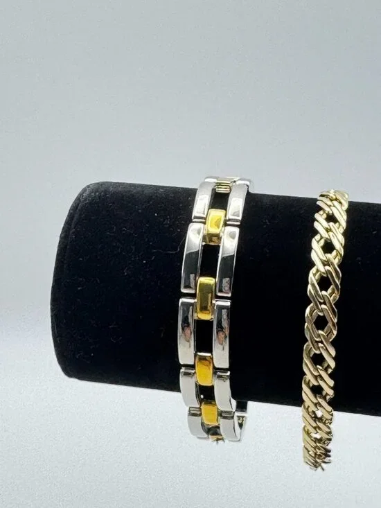 Bracelet Lot Of 2 Double Curb Link + Stainless Steel Gold Tone Mixed Metal Set