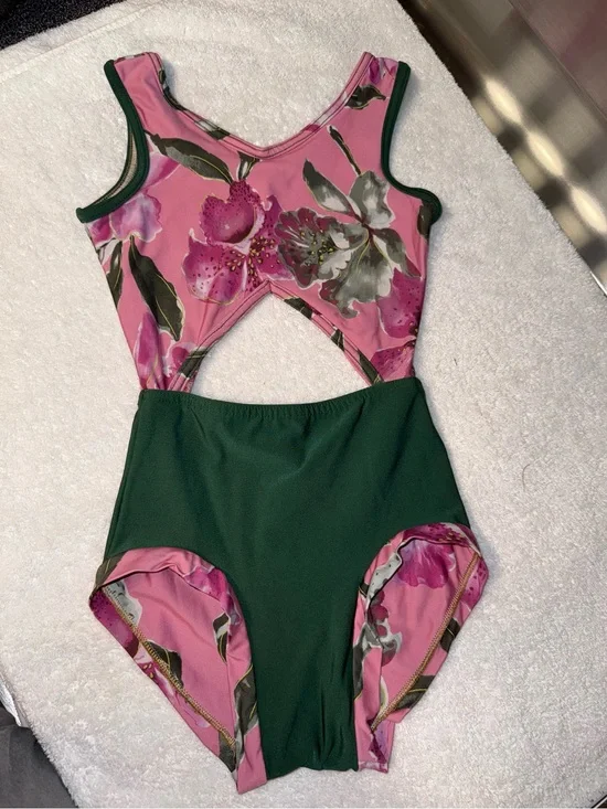 Pink Floral & Forest Green Cutout One-Piece Dance Leotard