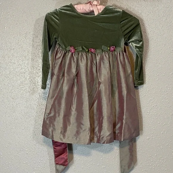VNTG Bonnie Jean Velvet Green and Pink Kids Dress