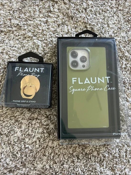 NIB Flaunt iPhone 13 Pro Square Phone Case Olive Green with Gold Grip Stand
