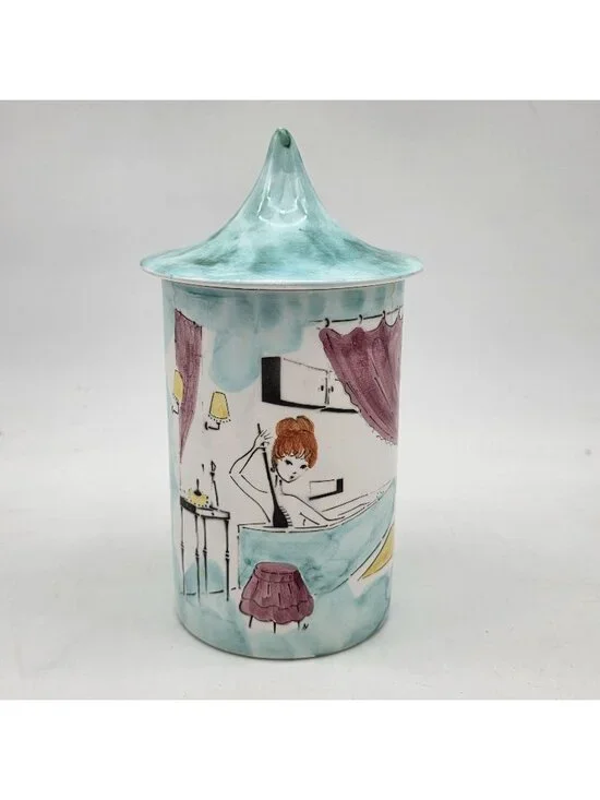 MCM Ceramica Di Milano Italy Hand-Painted Porcelain Canister Retro Bath Scene