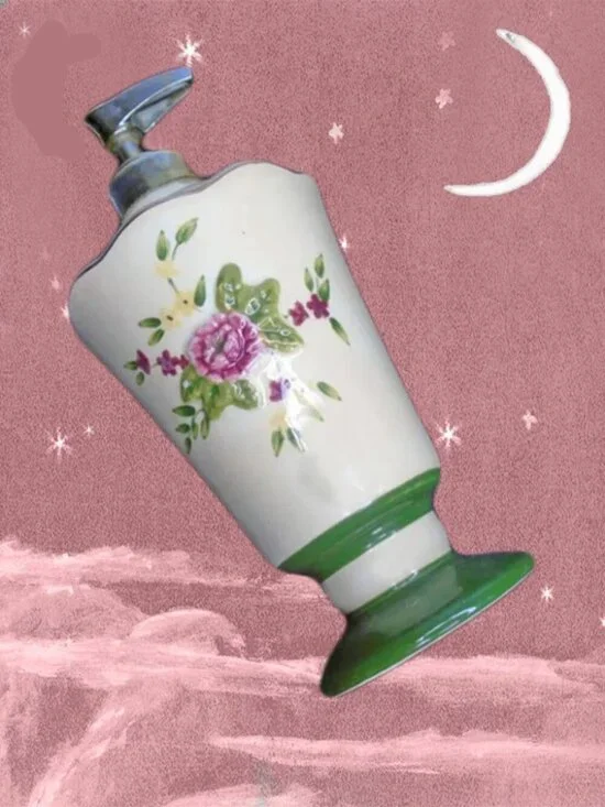 Vintage Ceramic Floral Soap / lotion Dispenser, Cottagecore Bathroom Accessory