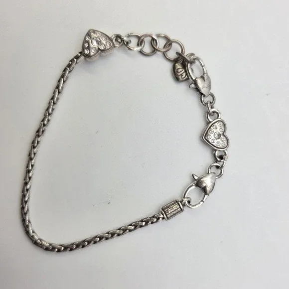 BRIGHTON Heart‎ Charm Bracelet Crystal Accents Silver Plate Wheat Chain 8