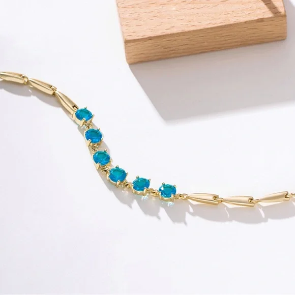 14K Gold Plated Blue Crystal Bracelet Water Resistant Luxury Tennis Bracelet