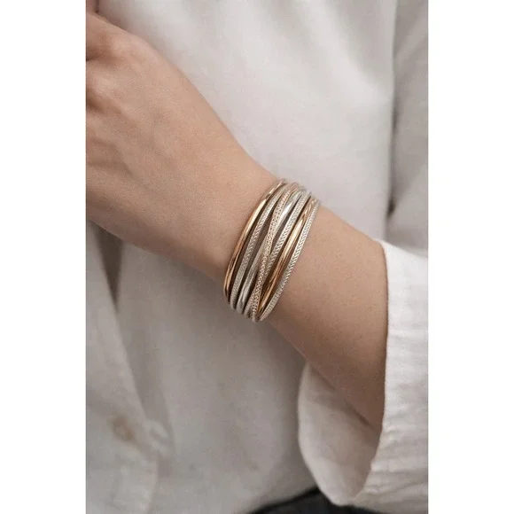 Brighton Multi Strand Hinged Bangle Women‎ Silver Gold Good Mixed Metal Crystal