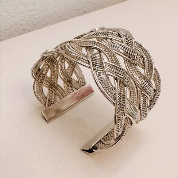 Vintage Silver‎ Tone Braided Statement Cuff Bracelet