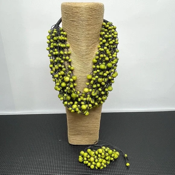 Bohemian Wooden Bead Necklace & Bracelet Set Multi Strand Chunky Lime Green