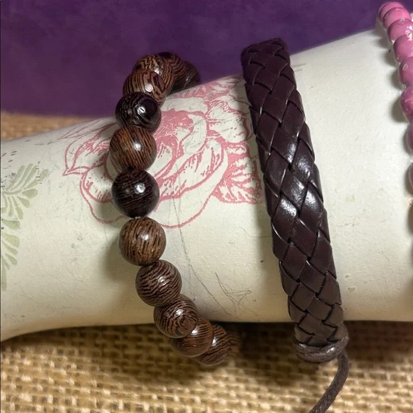 Wooden Bead and Braided Leather Bracelet Bundle (A)