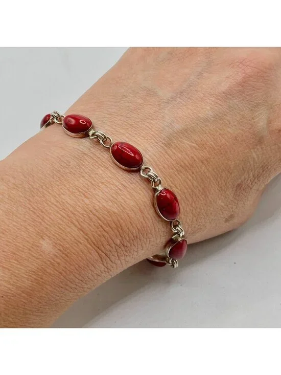 Red Jasper Oval Cabochon .925 Sterling Silver Bezel Set Link Bracelet 7.5