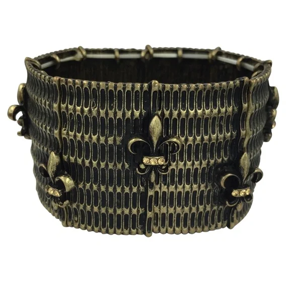 Small Fit Wide Panel Fleur De Lis Burnished Gold Tone Stretch Bracelet