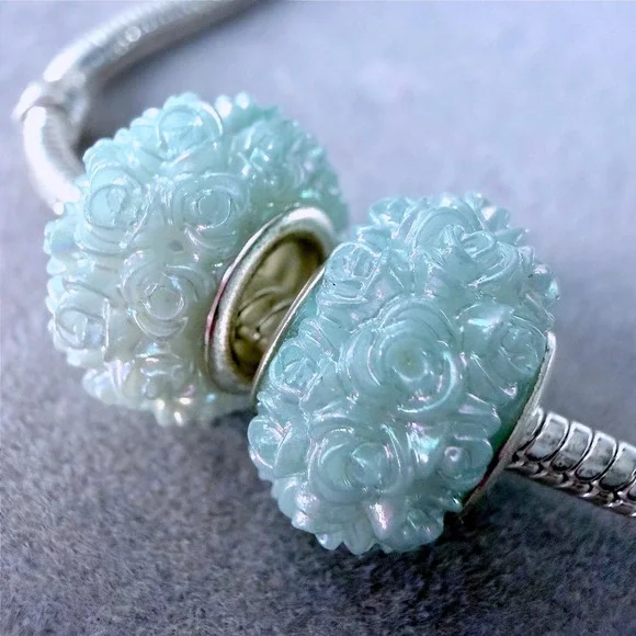 2 PCs Mint Green Iridescent Rose Flower Beads Floral Charm fits PANDORA