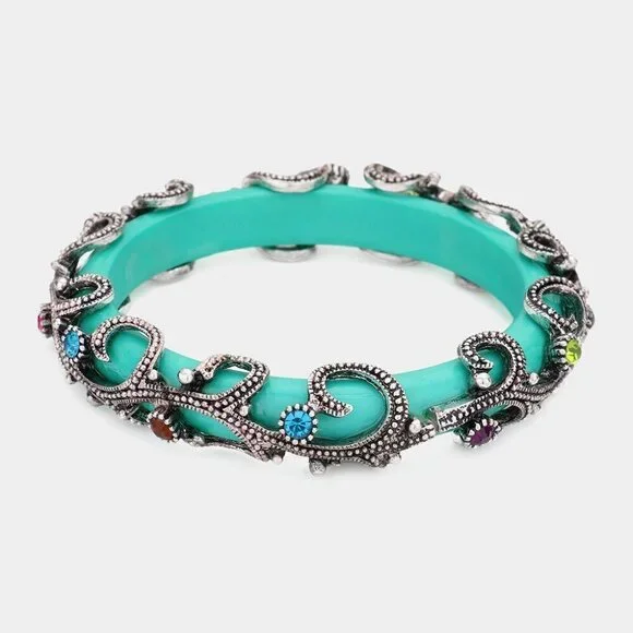 NTW Turquoise Antique Metal Crystal Beaded Floral Tube Bangle Bracelet‎