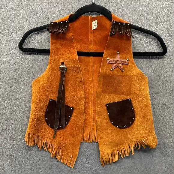 Vtg? Suede Leather Fringe Sheriff Cowboy Cowgirl Costume Vest Kids 10 California