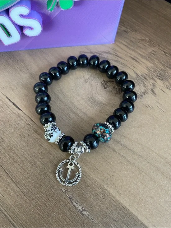 Black Beaded Anchor Charm Bracelet - Unbranded
