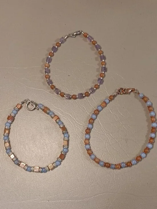 Lot of 3 stone bead bracelets pale blue light orange purple tones
