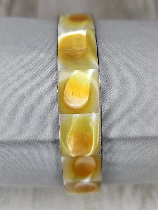 Vintage Yellow Shell Inlay Silver Bangle Bracelet Boho Mother of Pearl Look