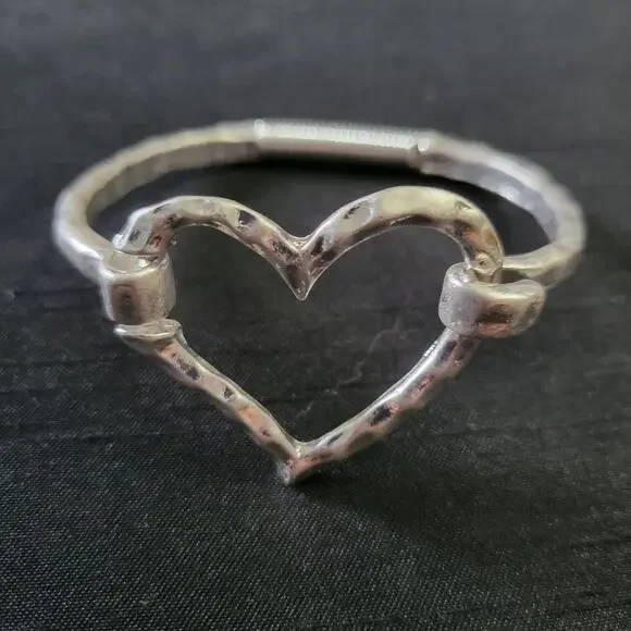 Hammered Silver Tone Heart Shaped Boho Bangle Bracelet