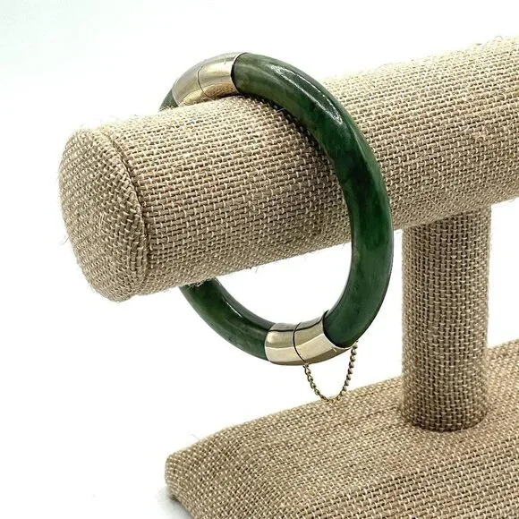 Vintage Spinach Green Nephrite Jade Bangle Bracelet Hinged 10K Gold Plate Caps