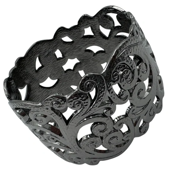 Gun Metal Grey Open Swirl Statement Hinged Bangle Bracelet