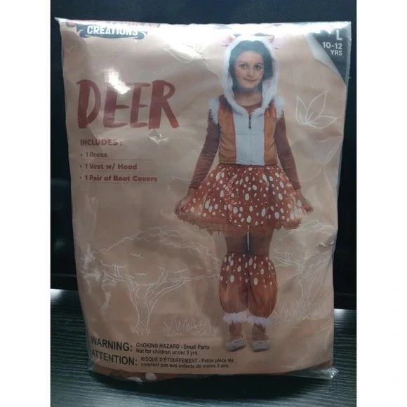 Kids Deer Costume Girls Size L 10-12 Woodland Animal Dress Vest Hood Boot Covers