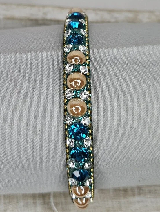 Vintage Gold Teal Crystal Rhinestone Bangle Bracelet Antique Boho Beaded Trim