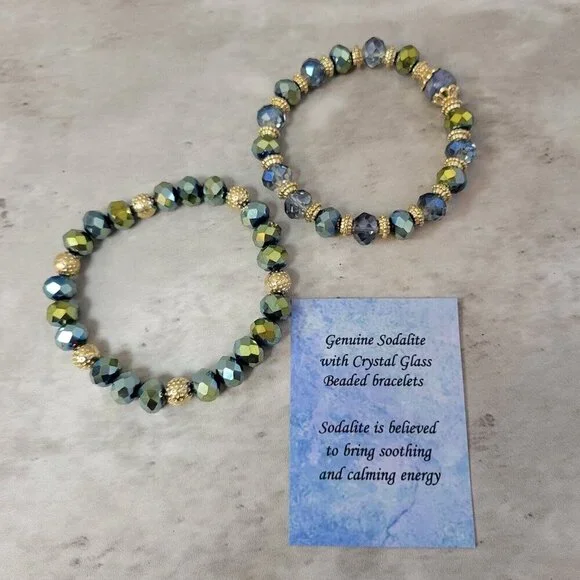 Sadalite Crystal Bracelet Glass Beaded‎ Soothing Calming Energy Set of 2 New