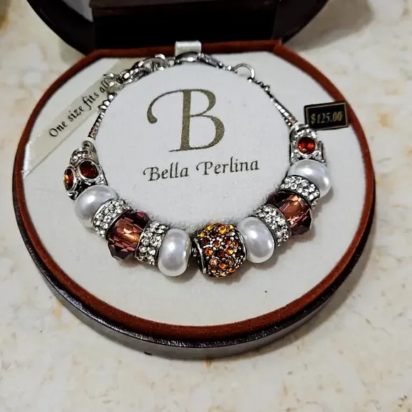NWT BELLA PERLINA BROWN GOLD WHITE PEARL SILVER‎ CHARM BRACELET