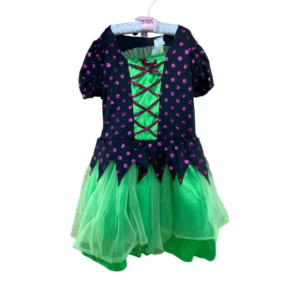 Girls Halloween Costume Purple Black Green Dress Witch Hat Size Medium Size 8-10