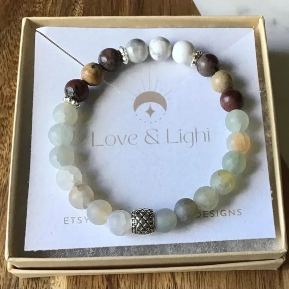 Handmade Stretch Agate, Howlite, and Jasper Beaded Bracelet‎ - Boho Style -Mala