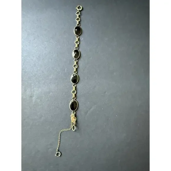 Vintage Sign 12k Gold Filled Russel Oval Black Onyx Stone Chain Link Bracelet 7”