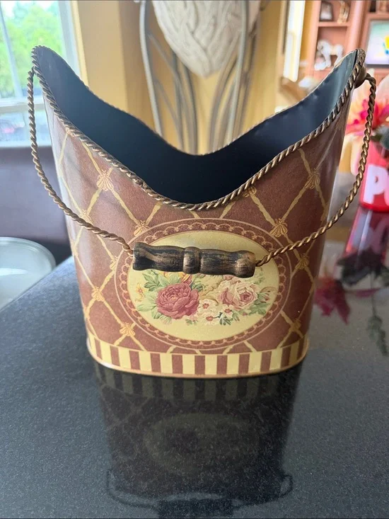 Vintage-Inspired Brown Floral Haind Painted Tin Basket