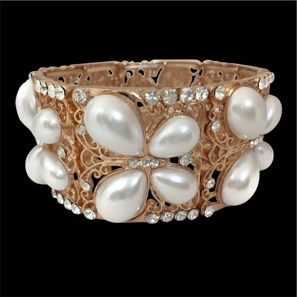 Butterfly Pearls Gold Tone Wide Panel Stretch Bracelet