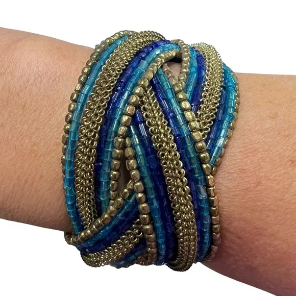 Beaded Cuff Bracelet Blue Gold Tone Statement‎ Bohemian Fashion Jewelry