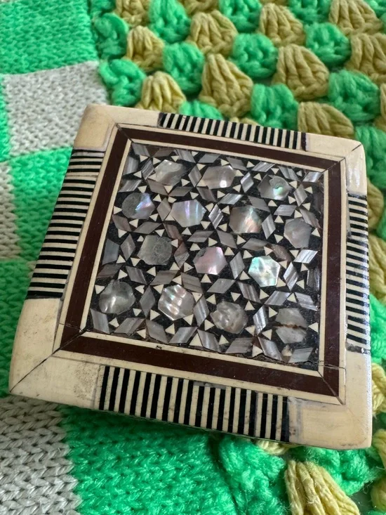 Vintage Wood and bone Trinket Box with Mother of Pearl Inlay