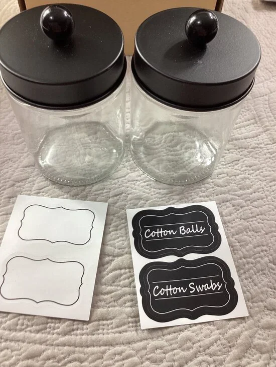 Amolliar Apothecary Glass Jar Set of 2* Lids*Labels For Cotton Balls & Swabs*NIB