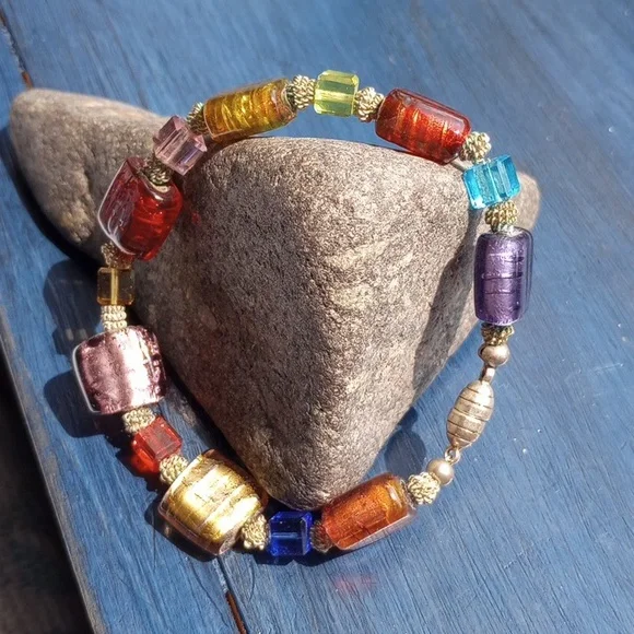 Colorful Silver foil glass art beads with square crystals, silver beads