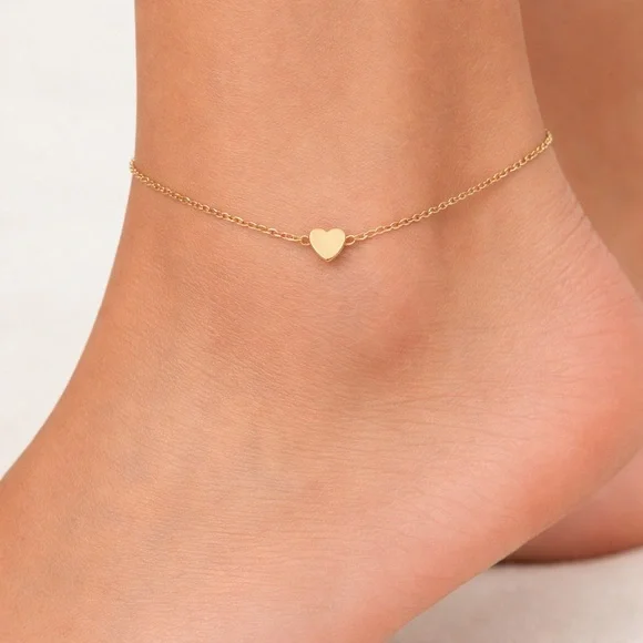 Gold Tone Heart Charm Anklet Bracelet – Adjustable Delicate Chain