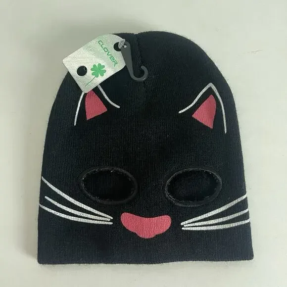 Cute Youth Size Teens Cuffless Cat Knit Mask Beanie with‎ Eye Holes Black