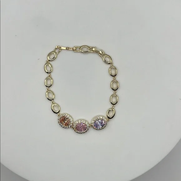 09. 14k Gold Plated over Stainless Steel Bracelet with Multicolor Stones 7 1/2”