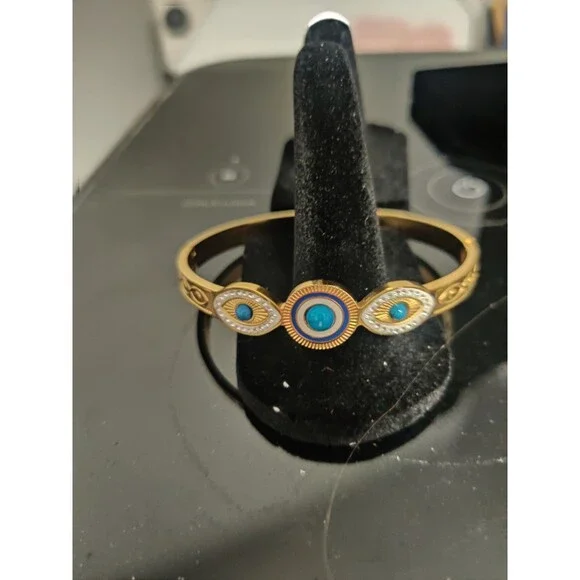 Bulluka Gold-Plated Brass Bangle Bracelet Evil Eye Motif Trinity Gaze Charm
