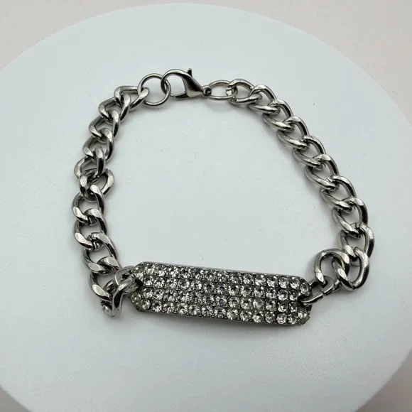 Vintage 90s Silver Tone ID Bar Bracelet Embellishments Adjustable Chain Jewelry