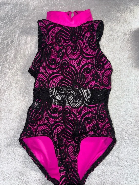 Kandi Kouture Hot Pink  Lace Leotard  with Black Mesh. Size Child Small (4/5)