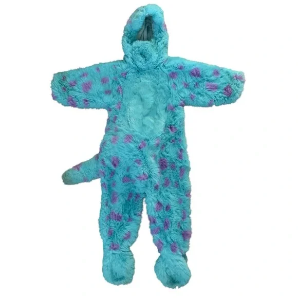 Disney Monsters Inc Sulley Costume Kids Sz 8-10 Plush Hooded Furry Jumpsuit READ