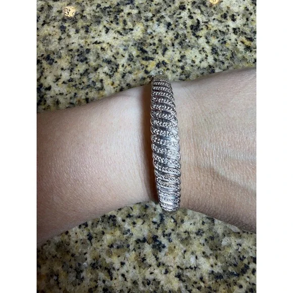 Silver Tone Pavé Ribbed Hinged Bangle Bracelet with‎ Safety Clasp