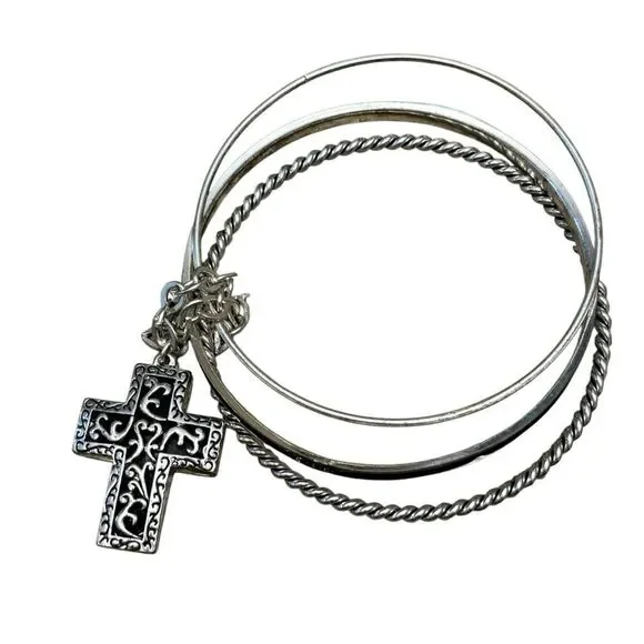 Vintage Silver Tone Bangle Bracelet Stack 3pc Filigree Cross Charm Boho Western