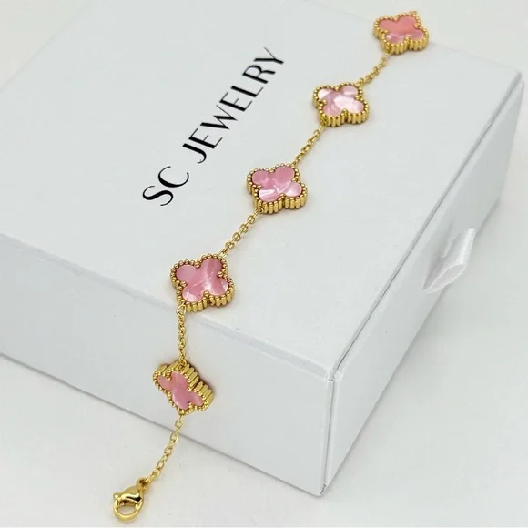 Pink Mother of Pearl & Gold Clover Bracelet | Stainless Steel Double Sided