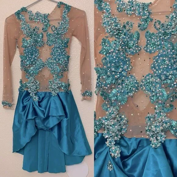 Custom Solo Dance Costume Teal Blue Lyrical Competition nude illusion SA adult