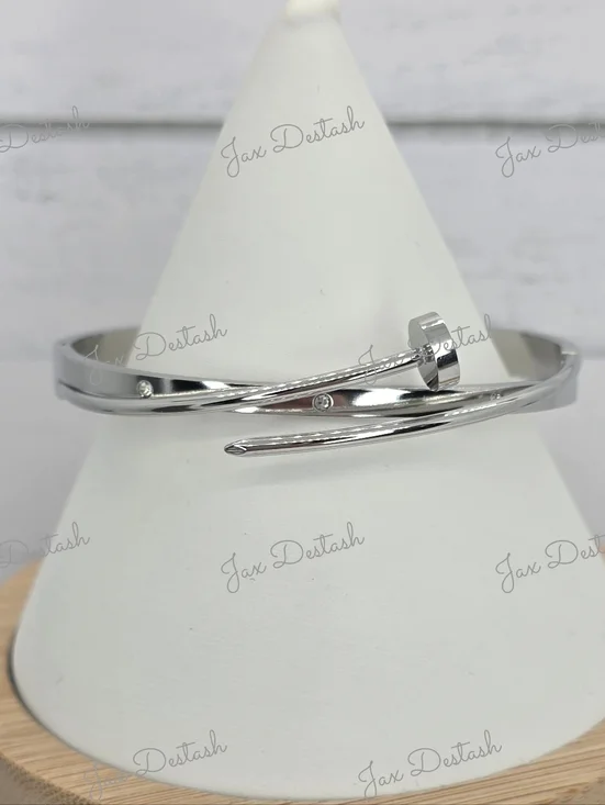 Stainless Steel Sleek Silver Tone Nail-Style Cuff Bracelet BR123