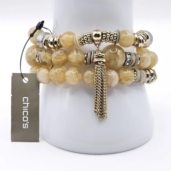 CHICO'S Vinia Tan and Gold Beaded Stretch‎ Bracelet Set