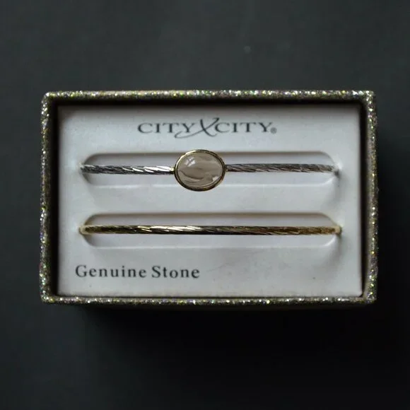 City x City Bangle Bracelet Pair Brown Stone Gold Silver